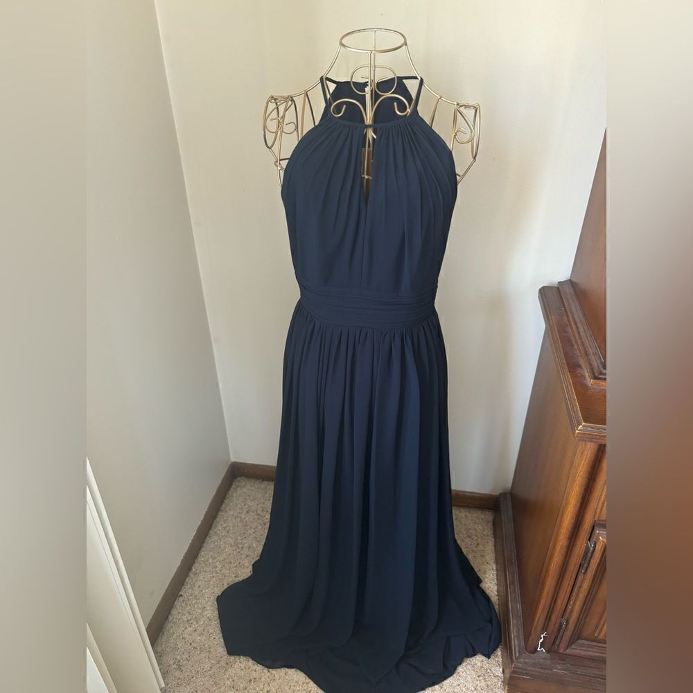 #Levkoff Halter Keyhole Chiffon Maxi Gown Size 6 Navy